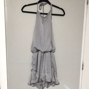 Silky Gray Halter Open Back Ruffle Romper Large L